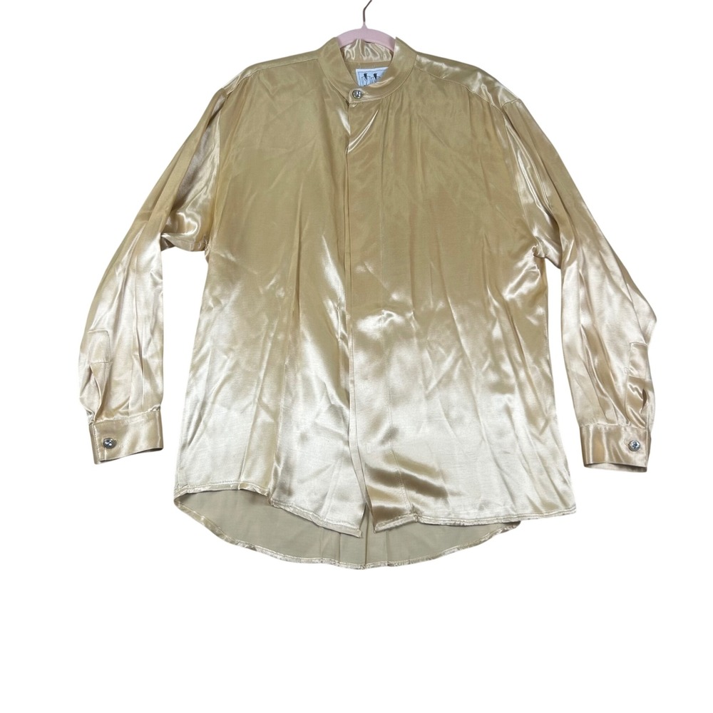 Varja Mens Gold Rayon Satin Banded Collar Shirt Medium Vintage Made in USA